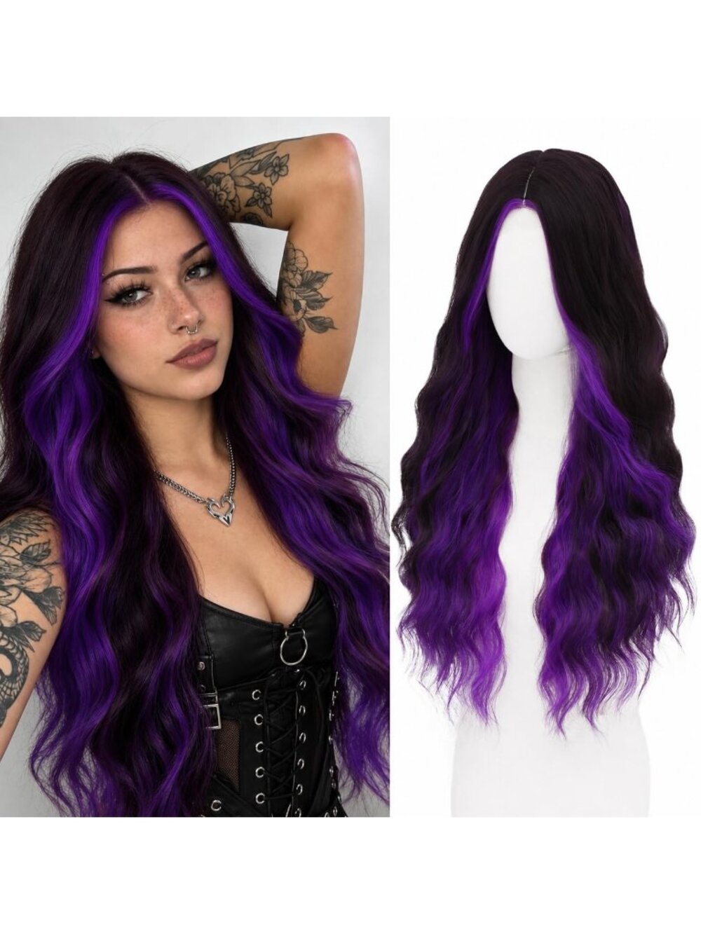 Women's Sliver to Purple WECAN 28 Inch Wig Long Wavy Synthetic Colorful Hair
